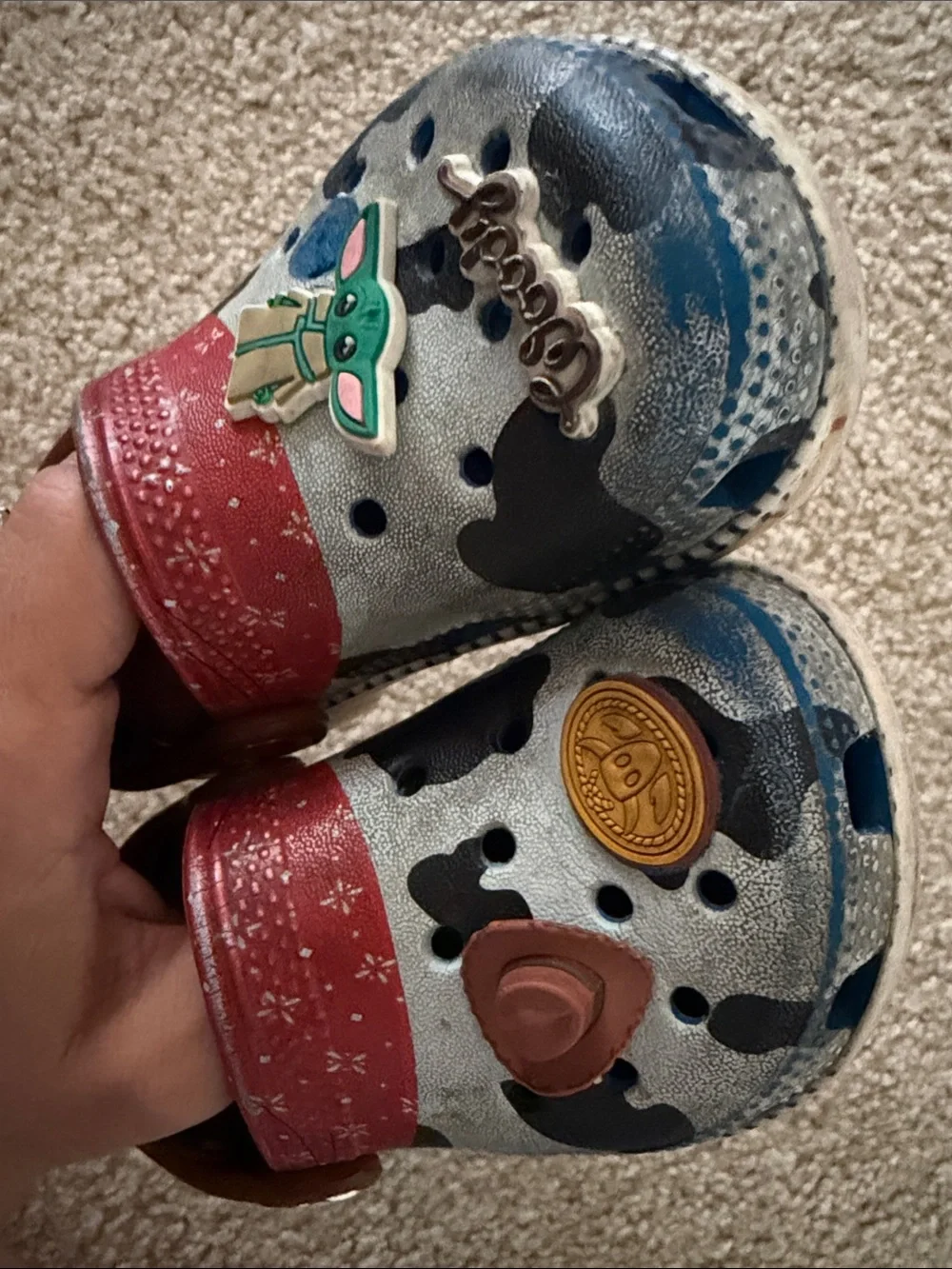 CROCS Kids Cow-Print Clogs with Red Trim and Blue Insole